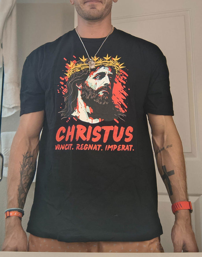 Brent wearing a Hardcore Catholics tee
