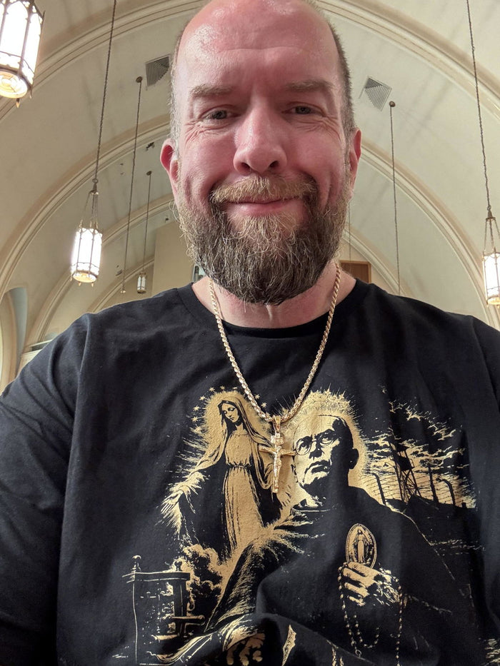 Michael S. wearing a Hardcore Catholics tee